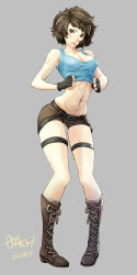 Rule 34 | 1girl, absurdres, alternate costume, bare shoulders, belt, boots, breasts, brown eyes, brown hair, commentary request, commission, cosplay, dated, embarrassed, fingerless gloves, full body, gloves, grey background, highres, holding, holding clothes, kawakami sadayo, lara croft, lara croft (cosplay), looking at viewer, midriff, navel, ozkh, persona, persona 5, short hair, shorts, signature, simple background, solo, standing, tank top, tomb raider