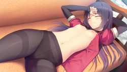Rule 34 | 1girl, aisare roommate, arms up, blush, bra, bra lift, breasts, closed eyes, flat chest, fumii, game cg, housenji yui, legs, long hair, lying, navel, nipples, open clothes, panties, pantyhose, purple hair, solo, thighs, underwear, yu-ta
