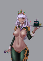 Rule 34 | 1girl, :d, absurdres, alcohol, bottle, breasts, cel da lin, condom, cowboy shot, dark-skinned female, dark skin, glass, green legwear, grey background, hair ornament, hand up, highres, holding, holding condom, holding tray, large breasts, league of legends, lips, long hair, long sleeves, looking at viewer, meme attire, nail polish, navel, necktie, nipples, open mouth, purple necktie, pussy, pussy juice, qiyana (league of legends), reverse bunnysuit, reverse outfit, shiny skin, short necktie, simple background, smile, solo, teeth, tray