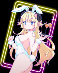 Rule 34 | 1girl, absurdres, ahoge, alternate costume, animal ears, ass, blonde hair, blue eyes, blush, breasts, collar, commentary, detached collar, fake animal ears, fake tail, food, fruit, giwa, hair ornament, hairpin, highres, holding, holding plate, hololive, horns, large breasts, leotard, long hair, looking at viewer, orange (fruit), plate, playboy bunny, sheep ears, sheep girl, sheep horns, strapless, strapless leotard, tail, tsunomaki watame, virtual youtuber, white collar, white leotard