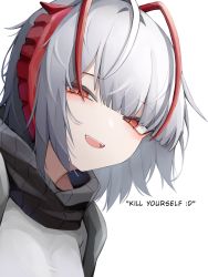 Rule 34 | 1girl, :d, absurdres, ahoge, antenna hair, antennae, arknights, black jacket, black scarf, english text, grey shirt, highres, horns, jacket, looking at viewer, multicolored hair, open mouth, red eyes, red hair, scarf, shirt, short hair, simple background, smile, solo, upper body, w (arknights), white background, white hair, yuu azma