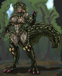 Rule 34 | 1girl, abs, armor, breasts, claws, commentary request, dark-skinned female, dark skin, deviljho, dragon girl, forest, green hair, highres, large breasts, lizard tail, looking at viewer, monster girl, monster hunter (series), multicolored hair, nature, navel, personification, plant, sharp teeth, solo, standing, stomach, tail, teeth, tongue, tongue out, udetamago, yellow eyes