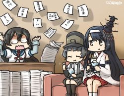 Rule 34 | 10s, 3girls, aiguillette, anger vein, arare (kancolle), arm warmers, black hair, black socks, brown eyes, collared shirt, commentary, couch, crack, cracked glass, dated, desk, detached sleeves, eating, epaulettes, floral print, food, fusou (kancolle), glasses, hachimaki, hair ornament, hamu koutarou, hat, headband, ice cream, kantai collection, kneehighs, long sleeves, multiple girls, necktie, nontraditional miko, ooyodo (kancolle), paper stack, remodel (kantai collection), school uniform, semi-rimless eyewear, serafuku, shirt, short hair, socks, sparkle, spoon, sundae, suspenders, translation request, wing collar