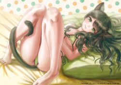 Rule 34 | 1girl, animal, animal ears, ass, bare shoulders, bed, bikini, black ribbon, breasts, cat ears, cat girl, green bikini, green eyes, green hair, green tail, green theme, hair ornament, hair ribbon, hou no ka, long hair, looking at viewer, lying, medium breasts, on back, on bed, original, pillow, ribbon, solo, swimsuit, tail, tail around own leg, thighs, underboob, x hair ornament