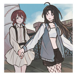 2girls ahoge artist_request awa_subaru black_choker black_hair black_shorts blue_eyes blue_jacket blush brown_hair chain-link_fence choker collarbone commission crop_top dress fence fishnet_pantyhose fishnets girls_band_cry highres holding_hands iseri_nina jacket long_hair long_sleeves low_twintails multiple_girls open_clothes open_jacket open_mouth pantyhose parachute parted_bangs pleated_dress purple_eyes second-party_source shirt short_hair short_twintails shorts sidelocks twintails white_dress white_shirt