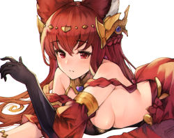 Rule 34 | 1girl, animal ears, anthuria, bad id, bad pixiv id, bare shoulders, black gloves, blush, breasts, butt crack, detached sleeves, dress, elbow gloves, erune, gloves, granblue fantasy, hair between eyes, hair ornament, koretsuki azuma, large breasts, long hair, looking at viewer, lying, on stomach, red dress, red eyes, red hair, sideboob, simple background, single elbow glove, solo, white background