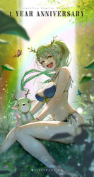 Rule 34 | 1girl, absurdres, animal, artist request, bikini, braid, branch, breasts, bug, butterfly, ceres fauna, flower, forest, grass, green hair, hair flower, hair ornament, highres, holding, holding animal, hololive, hololive english, horns, insect, large breasts, leaf, long hair, looking at viewer, looking to the side, nature, navel, nemu (ceres fauna), on grass, open mouth, outdoors, ponytail, rainbow, refraction, sitting, smile, string bikini, sunlight, swimsuit, virtual youtuber, yellow eyes