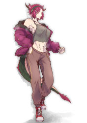 Rule 34 | 1girl, abs, absurdres, alternate costume, bare shoulders, breasts, clenched hand, comic hand, crop top, dragon girl, dragon horns, dragon tail, duel monster, full body, headband, highres, horns, jacket, large breasts, midriff, muscular, muscular female, open clothes, open jacket, pants, red hair, shoes, short hair, sketch, solo, tail, tank top, yellow eyes, yu-gi-oh!, zoodiac drident