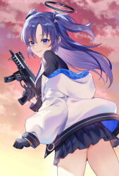Rule 34 | 1girl, absurdres, black gloves, black skirt, blazer, blue archive, blue necktie, cloud, cloudy sky, coat, collared shirt, commentary request, from behind, gloves, gun, hair between eyes, halo, highres, holding, holding gun, holding weapon, jacket, ki 1315, long hair, long sleeves, looking at viewer, looking back, necktie, one side up, open clothes, open coat, outdoors, parted bangs, pleated skirt, purple eyes, purple hair, school uniform, shirt, sidelocks, sig mpx, skirt, sky, solo, submachine gun, twilight, weapon, white coat, wind, yuuka (blue archive)