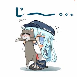 Rule 34 | 10s, 1girl, :3, = =, animal, bad id, bad pixiv id, black thighhighs, blue eyes, blue hair, blush, blush stickers, cat, error musume, hat, hibiki (kancolle), holding, holding animal, hoto hakku, kantai collection, long hair, long sleeves, motion lines, open mouth, pleated skirt, sailor collar, seiza, shadow, shirt, sitting, skirt, thighhighs, uniform, whiskers, white background