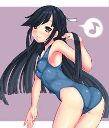 Rule 34 | 10s, 1girl, ass, bare shoulders, black hair, blush, breasts, brown eyes, competition swimsuit, hair over one eye, hayashimo (kancolle), kantai collection, kurogane daichi, leaning forward, long hair, looking at viewer, musical note, one-piece swimsuit, small breasts, smile, solo, spoken musical note, standing, swimsuit