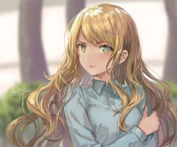 Rule 34 | 1girl, artist name, blonde hair, blue shirt, blurry, bush, collared shirt, dated, depth of field, green eyes, hand on own arm, head tilt, highres, holding own arm, long sleeves, looking at viewer, momoko (momopoco), original, outdoors, parted lips, pink lips, plant, serious, shirt, signature, solo, tree, upper body, wing collar