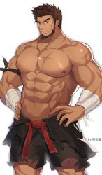 Rule 34 | 1boy, abs, absurdres, bandaged arm, bandages, bara, beard, brown eyes, brown hair, cowboy shot, cross scar, dark-skinned male, dark skin, facial hair, frown, highres, large pectorals, looking at viewer, male focus, mature male, mint, muscular, muscular male, navel, nipples, original, pants, pectorals, scar, scar on chest, short hair, sideburns, solo, spiked hair, stomach, tekkowang, topless male, torn clothes, torn pants