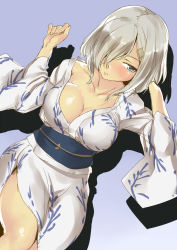 Rule 34 | 10s, 1girl, adapted costume, alternate costume, blue eyes, blush, breasts, cleavage, collarbone, commentary request, hair ornament, hair over one eye, hairclip, hamakaze (kancolle), highres, japanese clothes, kantai collection, kimono, large breasts, nekotama1987, obi, sash, shadow, short hair, silver hair, simple background, solo, yukata