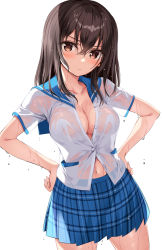 Rule 34 | 1girl, black hair, blue skirt, breasts, brown eyes, cleavage, collarbone, cowboy shot, frown, hands on own hips, highres, himeragi yukina, large breasts, long hair, looking at viewer, midriff peek, miniskirt, navel, no bra, oryo (oryo04), partially unbuttoned, plaid, plaid skirt, pleated skirt, sailor collar, school uniform, see-through, serafuku, shirt, short sleeves, simple background, skirt, solo, strike the blood, unbuttoned, unbuttoned shirt, v-shaped eyebrows, wet, wet clothes, wet shirt, white background, white shirt