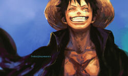 Rule 34 | 1boy, artist name, black hair, clenched teeth, closed eyes, commentary request, facial scar, hat, male focus, monkey d. luffy, one piece, open clothes, scar, scar on cheek, scar on chest, scar on face, short hair, smile, solo, straw hat, teeth, tsuyomaru, twitter username
