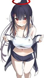 Rule 34 | 1girl, black hair, black shorts, blue archive, blush, breasts, cleavage, closed mouth, gym shorts, gym uniform, halo, highres, justice task force member (blue archive), large breasts, long hair, long sleeves, looking at viewer, nidaime (doronbo), red eyes, red halo, shorts, simple background, solo, white background