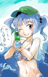 Rule 34 | 1girl, aiming, aiming at viewer, alternate costume, bikini, blue bikini, blue eyes, blue hair, blush, breasts, cabbie hat, collarbone, english text, engrish text, green hat, grin, hair bobbles, hair ornament, hat, highres, jewelry, kawashiro nitori, key, key necklace, looking at viewer, matching hair/eyes, navel, necklace, ocean, one eye closed, ranguage, sinzan, small breasts, smile, solo, stomach, swimsuit, touhou, two side up, upper body, water, water gun, wet