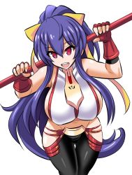 Rule 34 | 1girl, :d, antenna hair, backless outfit, bare shoulders, holding behind back, black pants, blazblue, blazblue: central fiction, blazblue variable heart, blue hair, bow, breasts, cowboy shot, fingerless gloves, genderswap, genderswap (mtf), gloves, gluteal fold, groin, hair between eyes, hair bow, halterneck, hanging breasts, holding, holding weapon, jpeg artifacts, konno tohiro, large breasts, leaning forward, long hair, looking at viewer, lowleg, lowleg pants, mai natsume, midriff, navel, no bra, no panties, open mouth, outseal, pants, polearm, ponytail, purple eyes, red gloves, revealing clothes, ribbon, sideboob, sidelocks, smile, solo, spear, standing, stomach, teeth, thigh gap, thighs, very long hair, weapon, white background, yellow bow
