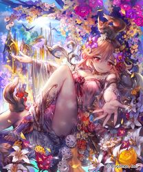 Rule 34 | 10s, 1girl, animal, bare shoulders, bird, blush, breasts, building, castle, cleavage, company name, cygames, day, dress, earth (planet), female focus, flower, hair flower, hair ornament, highres, lee hyeseung, looking at viewer, official art, outdoors, outstretched arms, pink flower, planet, plant, plumeria (shingeki no bahamut), purple flower, red eyes, red flower, rose, shingeki no bahamut, sky, sleepy, sleeveless, sleeveless dress, smile, solo, squirrel, tree, white flower, yellow flower