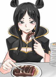 Rule 34 | 1girl, black eyes, black hair, blush, breasts, cleavage, cleavage cutout, clothing cutout, eating, fairy tail, female focus, food, food on face, highres, large breasts, long hair, minerva orlando, murabito sono2, simple background, solo, tagme