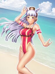 Rule 34 | 1girl, adapted costume, animal ears, beach, blue sky, blunt bangs, breasts, cloud, competition swimsuit, cowboy shot, day, double fox shadow puppet, ehou mangan, fox shadow puppet, gold ship (umamusume), grey hair, highleg, highleg swimsuit, highres, horizon, horse ears, horse girl, horse tail, long hair, medium breasts, ocean, one-piece swimsuit, outdoors, pillbox hat, purple eyes, red one-piece swimsuit, sky, solo, swimsuit, tail, umamusume