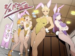 Rule 34 | 1boy, 1other, 4girls, ^ ^, animal costume, animal ears, black eyes, black hair, blonde hair, blue eyes, bow, bowtie, breasts, brown eyes, brown hair, brown neckwear, bunny day, cleavage, closed eyes, covered navel, crossed arms, dark skin, decadence (anime), detached collar, fake animal ears, fei (decadence), fishnet pantyhose, fishnets, hand on own hip, high heels, holding, holding sign, kaburagi (decadence), kurenai (decadence), large breasts, leotard, linmei (decadence), medium breasts, multiple girls, natsume (decadence), open mouth, orange hair, orange leotard, pantyhose, pipe (decadence), playboy bunny, purple hair, purple leotard, purple neckwear, rabbit ears, rabbit tail, red eyes, short hair, sign, small breasts, tail, wakoudo, wrist cuffs, yellow leotard, yellow neckwear