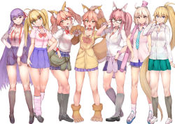 Rule 34 | 6+girls, :d, absurdly long hair, ahoge, alternate costume, animal ear fluff, animal ears, animal hands, aqua skirt, bad id, bad pixiv id, bb (fate), bb (fate/extra), black footwear, black socks, blonde hair, blue eyes, bow, bowtie, breasts, cleavage, contemporary, diagonal-striped bow, diagonal-striped bowtie, diagonal-striped clothes, diagonal-striped necktie, diagonal-striped neckwear, earrings, fangs, fate/grand order, fate (series), fox ears, fox tail, full body, glasses, green eyes, hair ornament, jeanne d&#039;arc (fate), jeanne d&#039;arc (ruler) (fate), jewelry, kneehighs, koyanskaya (fate), large breasts, leg warmers, long hair, long sleeves, looking at viewer, magatama, magatama necklace, multiple girls, necklace, necktie, nero claudius (fate), nero claudius (fate) (all), nero claudius (fate/extra), okita souji (fate), okita souji (koha-ace), open mouth, partially unbuttoned, pink hair, ponytail, purple eyes, purple hair, purple skirt, red neckwear, shirt, shoes, short hair, short sleeves, sikijou77o, simple background, skirt, smile, socks, star (symbol), star earrings, striped bow, striped bowtie, striped clothes, striped neckwear, tail, tamamo (fate), tamamo cat (fate), tamamo no mae (fate/extra), twintails, undone necktie, uwabaki, very long hair, white background, white footwear, white shirt, wing collar, yellow eyes