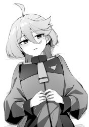 Rule 34 | 1girl, ahoge, blush, female focus, flat chest, from above, greyscale, gundam, gundam suisei no majo, hair between eyes, half-closed eyes, hands up, highres, jacket, layered sleeves, light blush, liyoosa, long hair, long sleeves, looking at viewer, lying, miorine rembran, monochrome, necktie, on back, open mouth, own hands together, shirt, sidelocks, simple background, solo, upper body, white background