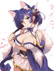 Rule 34 | 1girl, animal ears, azur lane, bare shoulders, blush, bow, bowtie, breasts, cat ears, cleavage, cleavage cutout, closed mouth, clothing cutout, cowboy shot, detached sleeves, folded fan, folding fan, hair ribbon, hand fan, head tilt, highres, holding, holding fan, jintsuu (azur lane), large breasts, lips, long hair, long sleeves, looking at viewer, miniskirt, obi, petals, pleated skirt, ponytail, purple bow, purple bowtie, red ribbon, ribbon, sash, sendo (sendrawz), shawl, simple background, skirt, smile, solo, standing, swept bangs, twitter username, upper body, white background, white skirt, wide sleeves