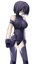 Rule 34 | 1girl, bare shoulders, black hair, blue eyes, covered erect nipples, covered navel, eyes visible through hair, gloves, hunched over, impossible clothes, katami shinta, leotard, looking at viewer, original, pale skin, parted lips, short hair, skin tight, solo, thighhighs