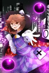 Rule 34 | 1girl, arano oki, bolo tie, bow, brown hair, cape, card, cellphone, city, city lights, cityscape, fedora, flat chest, foreshortening, glasses, gloves, hair tie, hat, hat bow, highres, holding, holding phone, light particles, long sleeves, low twintails, night, night sky, occult ball, open hand, open mouth, outdoors, outstretched arm, phone, plaid, plaid skirt, plaid vest, purple skirt, purple vest, quimbaya airplane, red-framed eyewear, runes, semi-rimless eyewear, shirt, skirt, skirt set, sky, solo, split ponytail, teeth, tongue, touhou, twintails, under-rim eyewear, usami sumireko, vest, white gloves, white shirt, yellow eyes, zener card