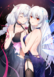 Rule 34 | 2girls, alcohol, ass, backless dress, backless outfit, bare arms, bare shoulders, benghuai xueyuan, black choker, black dress, black legwear, blue dress, braid, breasts, choker, closed eyes, collarbone, commentary, constellation, cowboy shot, cup, dress, drinking glass, garter straps, gem, gou lianlian dogface, hair between eyes, hair ornament, halterneck, hand up, highres, holding, holding cup, honkai (series), honkai impact 3rd, kiana kaslana, kiana kaslana (herrscher of the void), long braid, long hair, looking at viewer, medium breasts, multiple girls, parted lips, sideboob, silver hair, sleeveless, sleeveless dress, smile, starry sky print, thighhighs, underboob, very long hair, wine, wine glass