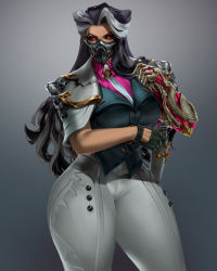 Rule 34 | 1girl, absurdres, black sclera, breasts, collared shirt, colored sclera, curvy, female focus, gun, highres, large breasts, league of legends, long hair, looking at viewer, mask, mechanical arms, mouth mask, multicolored hair, necktie, nyahabi2112, pink eyes, pink shirt, renata glasc, shirt, simple background, single mechanical arm, solo, two-tone hair, weapon