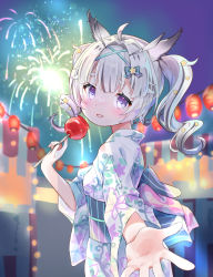 Rule 34 | 1girl, :d, ahoge, amimi, animal ears, antenna hair, blunt bangs, blurry, blurry background, bow, candy, candy apple, commission, dot nose, drill hair, fireworks, floral print, food, hair bow, hair ornament, heart, heart-shaped pupils, highres, holding, holding candy, holding food, japanese clothes, kimono, lantern, lantern festival, light particles, looking at viewer, night, obi, open mouth, original, outdoors, outstretched hand, paper lantern, parted lips, purple eyes, sash, short hair, skeb commission, sky, sky lantern, smile, star (symbol), star hair ornament, string lights, symbol-shaped pupils, twin drills, virtual youtuber, white hair, white kimono, yukata