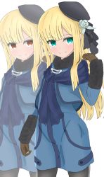 Rule 34 | &gt;:), 1girl, atsumisu, bad id, bad pixiv id, beret, black headwear, black pantyhose, black ribbon, blonde hair, blue dress, blush, brown gloves, closed mouth, commentary request, dress, fate (series), flower, fringe trim, fur-trimmed sleeves, fur trim, gloves, green eyes, hair flower, hair ornament, hair ribbon, hand up, hat, highres, long hair, long sleeves, looking at viewer, lord el-melloi ii case files, multiple views, pantyhose, red eyes, reines el-melloi archisorte, ribbon, simple background, sleeves past wrists, smile, tilted headwear, v-shaped eyebrows, very long hair, white background, zoom layer