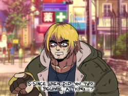 Rule 34 | 1boy, blonde hair, blue shirt, capcom, cityscape, coat, dog tags, facial hair, fingerless gloves, gloves, highres, ken masters, pointing, pointing at another, shirt, street fighter, street fighter 6, stubble, sweatdrop, thick eyebrows, tina fate