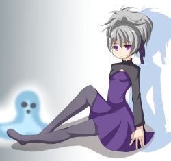 Rule 34 | 1girl, against wall, black jacket, bow, breasts, closed mouth, cropped jacket, darker than black, dress, feet, female focus, frown, ghost, gradient background, grey background, grey pantyhose, hair bow, hair up, jacket, long hair, looking at viewer, outstretched leg, pantyhose, purple bow, purple dress, purple eyes, shadow, silver hair, simple background, sitting, small breasts, solo, yin (darker than black)