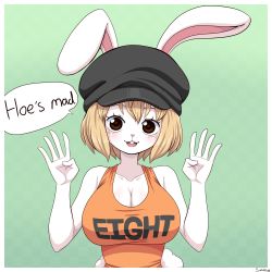 Rule 34 | 1girl, absurdres, animal ears, blonde hair, breasts, carrot (one piece), cleavage, english text, hat, highres, large breasts, one piece, open mouth, rabbit ears, rabbit girl, rabbit tail, short hair, simmsy, tail, tank top