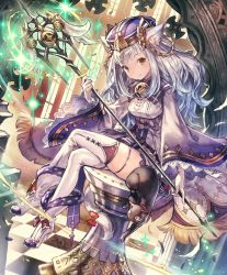 Rule 34 | 10s, animal ears, artist request, bell, cat, cat ears, cat tail, checkered floor, chess piece, corset, crossed legs, cygames, fur trim, gloves, hat, high heels, long hair, looking at viewer, magic, official art, ribbon, shadowverse, shingeki no bahamut, skindentation, smile, snow whitecat sage, solo, staff, tail, tail ornament, tail ribbon, thighhighs, white hair, wide sleeves, yellow eyes