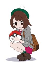 Rule 34 | 1girl, backpack, bag, bob cut, boots, brown bag, brown eyes, brown footwear, brown hair, cable knit, cardigan, closed mouth, collared dress, creatures (company), dress, full body, game freak, gloria (pokemon), green hat, green socks, grey cardigan, hat, holding, holding poke ball, hooded cardigan, ia (ilwmael9), looking down, nintendo, pink dress, plaid socks, poke ball, poke ball (basic), pokemon, pokemon swsh, short hair, smile, socks, solo, squatting, tam o&#039; shanter, white background
