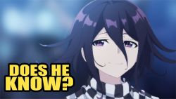 Rule 34 | 1boy, black hair, blurry, blurry background, checkered clothes, checkered scarf, cheer (cheerpuppy14), danganronpa (series), danganronpa v3: killing harmony, does he know? (meme), english text, flipped hair, looking at viewer, male focus, meme, new rockstars, oma kokichi, pink eyes, portrait, scarf, smile, solo