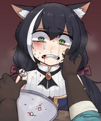 Rule 34 | animal ear fluff, animal ears, black hair, blood, bruise, bruise on face, cat ears, commentary request, crying, crying with eyes open, gloves, green eyes, guro, hands on another&#039;s face, highres, injury, karyl (princess connect!), korean commentary, lakilolom, long hair, multicolored hair, pliers, princess connect!, ryona, sleeveless, streaked hair, tears, tooth, torture, tray, twintails, two-tone hair, white hair