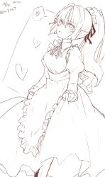 Rule 34 | 1girl, alternate costume, apron, bad id, bad twitter id, dated, elf, enmaided, frills, heart, highres, hololive, long hair, looking at viewer, maid, maid apron, maid headdress, monochrome, open mouth, pointy ears, ponytail, puffy sleeves, ribbon, shiranui flare, solo, spoken blush, translation request, tsubudashi, virtual youtuber