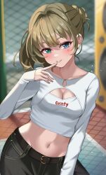 Rule 34 | 1girl, belt, black belt, black pants, blue eyes, blurry, blurry background, blush, bow, breasts, chain-link fence, cleavage, cleavage cutout, clothing cutout, collarbone, crop top, cropped shirt, fence, finger to mouth, green eyes, hair bow, hand up, heterochromia, highres, idolmaster, idolmaster cinderella girls, idolmaster cinderella girls starlight stage, index finger raised, kamoromance614, long sleeves, looking at viewer, medium breasts, midriff, mole, mole under eye, navel, pants, parted lips, print shirt, shadow, shirt, short hair, shrug (clothing), sleeves past wrists, smile, solo, takagaki kaede, upper body, white shirt