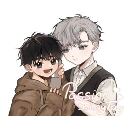 Rule 34 | 2boys, black hair, brown eyes, brown hoodie, child, closed mouth, collared shirt, copyright name, grey eyes, holding, holding phone, hood, hoodie, ilay riegrow, jeong taeui, looking at viewer, male focus, multiple boys, open mouth, passion (manhwa), phone, shirt, smile, sweater vest, teeth, upper body, white background, white hair, white shirt, zenlis