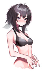 Rule 34 | 1girl, absurdres, arknights, bare arms, bare shoulders, beudelb, bikini, black bikini, black eyes, black hair, blush, breasts, commentary request, hair intakes, hair ornament, hairclip, highres, korean commentary, la pluma (arknights), looking at viewer, nose blush, short hair, simple background, small breasts, solo, stomach, swimsuit, upper body, white background