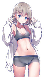 Rule 34 | 1girl, bare shoulders, bike shorts, blue eyes, breasts, collarbone, cowboy shot, earrings, gluteal fold, groin, hands up, highres, idolmaster, idolmaster shiny colors, jacket, jewelry, konnyaku (kk-monmon), long sleeves, looking at viewer, navel, off shoulder, open clothes, open jacket, parted lips, serizawa asahi, short hair, short shorts, shorts, silver hair, simple background, small breasts, solo, sports bra, white background, white jacket