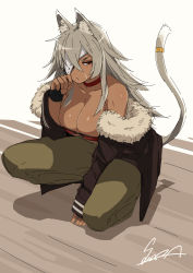 Rule 34 | 1girl, absurdres, animal ear fluff, animal ears, bandeau, bare shoulders, black gloves, breasts, brown jacket, choker, dark-skinned female, dark skin, eyepatch, facial scar, fingerless gloves, fur trim, ghislaine dedoldia, gloves, green pants, grey hair, hand up, highres, jacket, large breasts, long hair, looking to the side, messy hair, mushoku tensei, pants, red choker, red eyes, sawasa, scar, scar on cheek, scar on face, solo, squatting, tail, tail ornament, tail ring