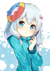 Rule 34 | 1girl, :o, blue eyes, blue jacket, blush, bow, commentary request, darnell, eromanga sensei, hair between eyes, hair bow, head tilt, holding, holding stylus, izumi sagiri, jacket, korean commentary, long sleeves, looking at viewer, mask, mask on head, parted lips, pink bow, sidelocks, silver hair, solo, stylus